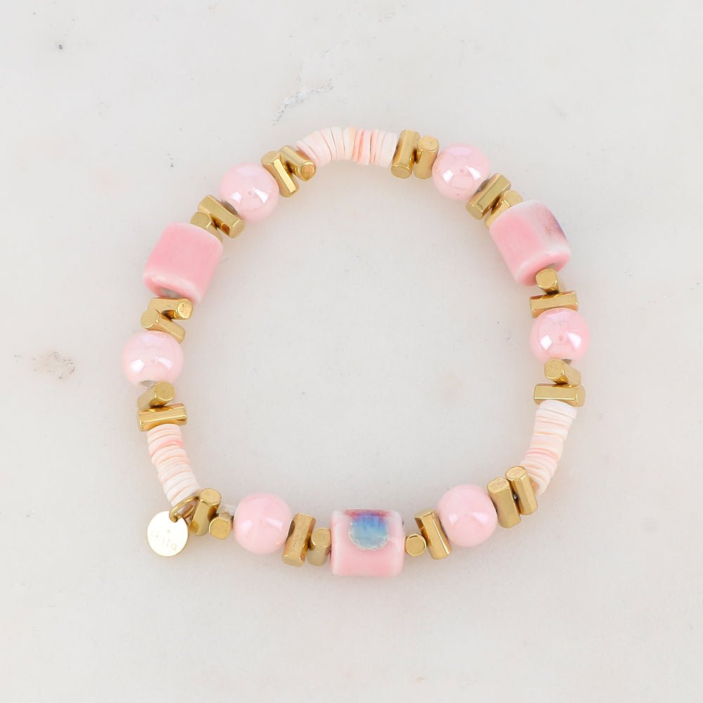 Bracelet "Baia" elastique avec Perles en Céramique Émaillée et Coquillages