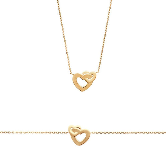 Bracelet double coeur en plaqué or pour femme avec chaine et fermoir mousqueton
