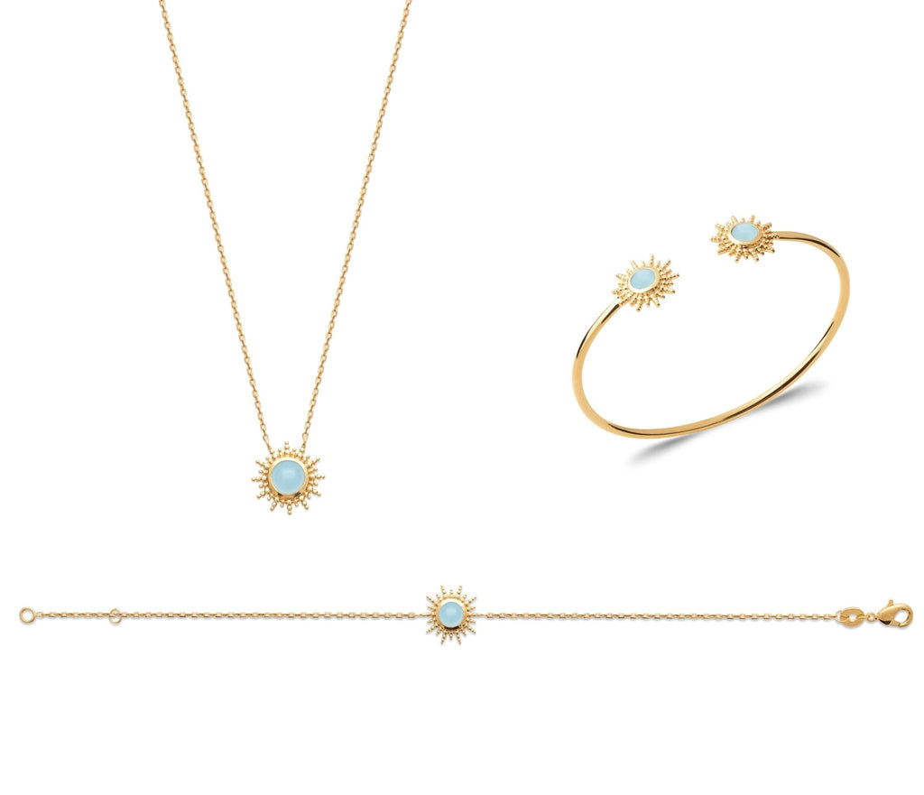 Collier soleil et bracelet plaqué or et pierre d'agate bleu - Bubble Style Store